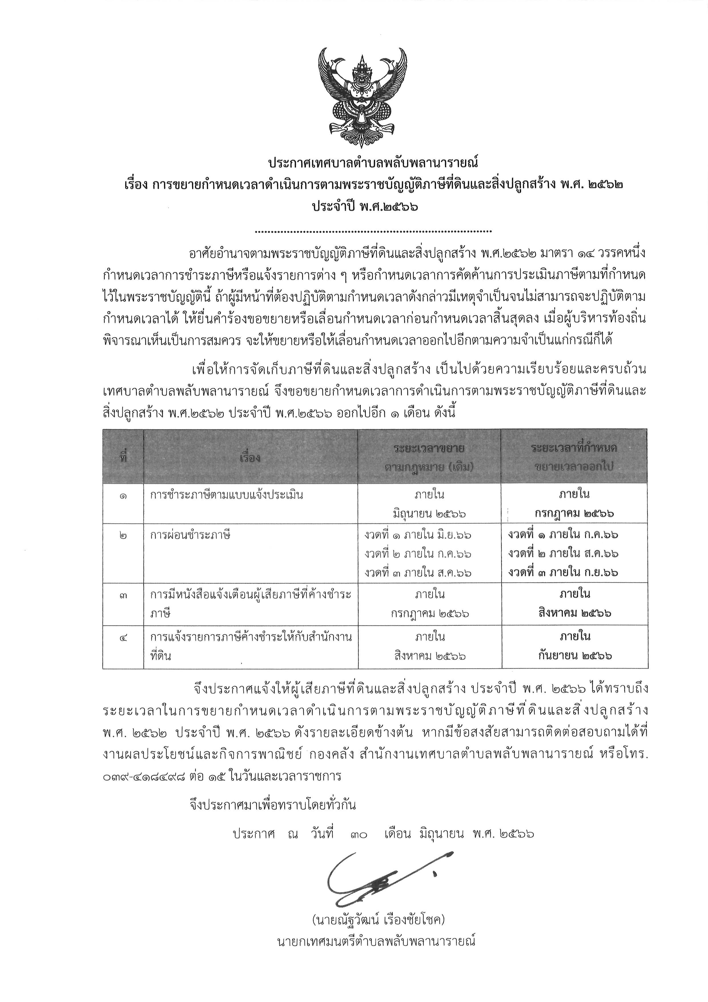 ประกาศ เรื่อง การขยายกำหนดเวลาดำเนินการตามพระราชบัญญัติภาษีที่ดินและสิ่งปลูกสร้าง พ.ศ. 2562 ประจำปี พ.ศ. 2566